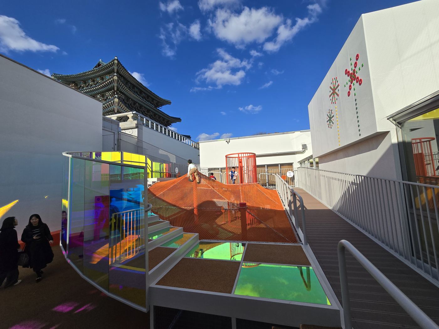 National Folk Museum children's museum building exterior with Gyeongbokgung Palace walls in background, blue sky