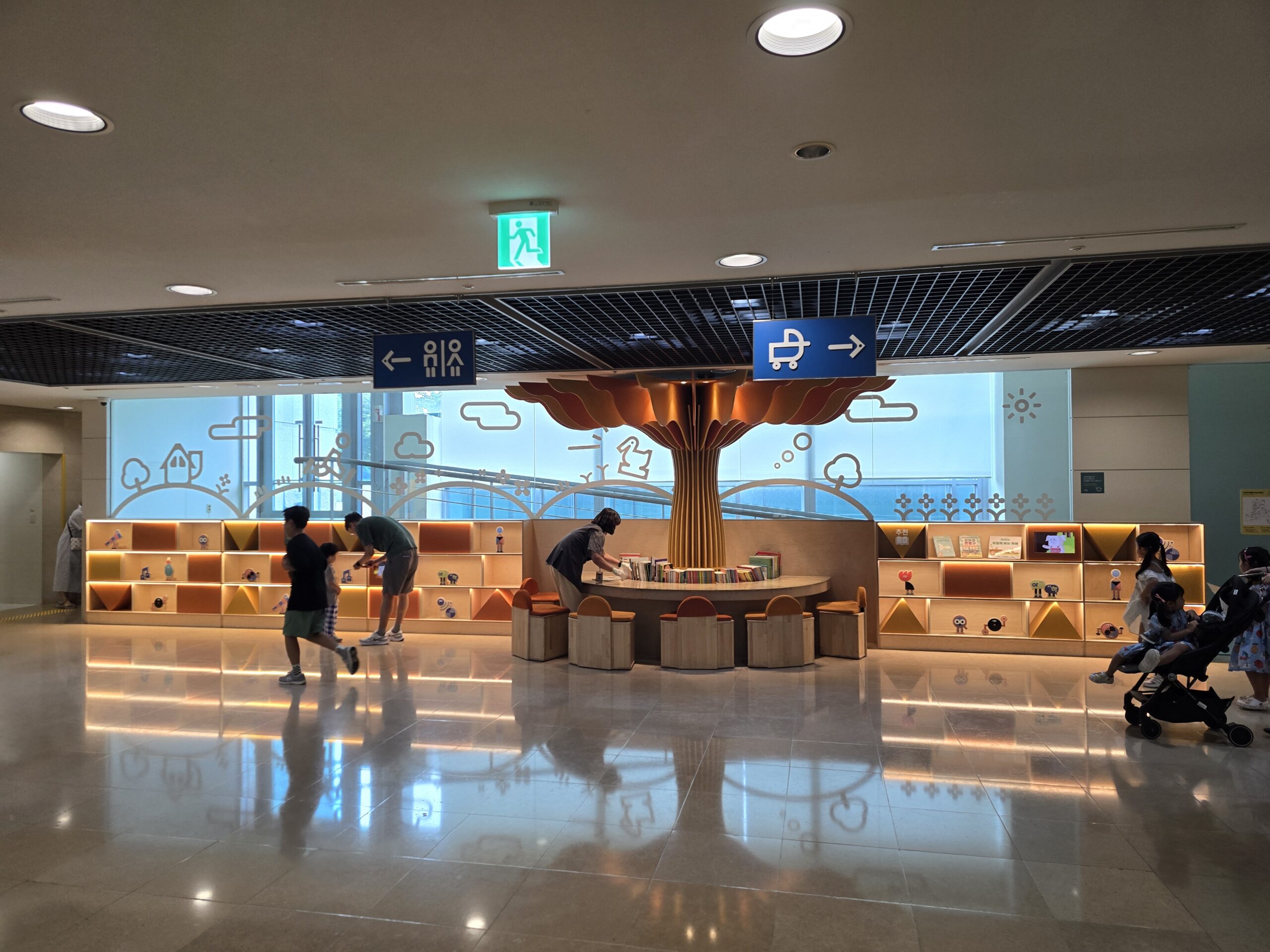 Children's Museum lobby — stroller parking signage visible